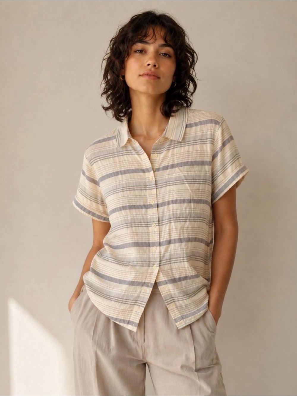 Tradlands  size medium Button Up Shirt | Coastal Minimalist Short Sleeve Top